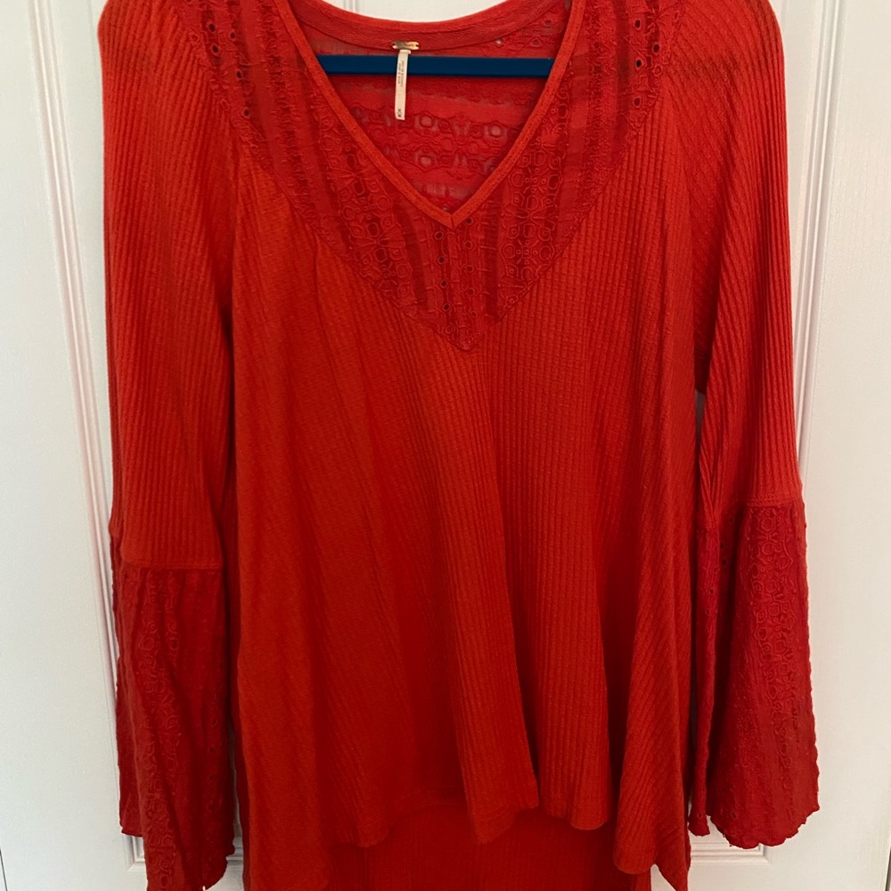 Free People Red Eyelet Lace-Trimmed, Bell Long Sleeve Women's Top